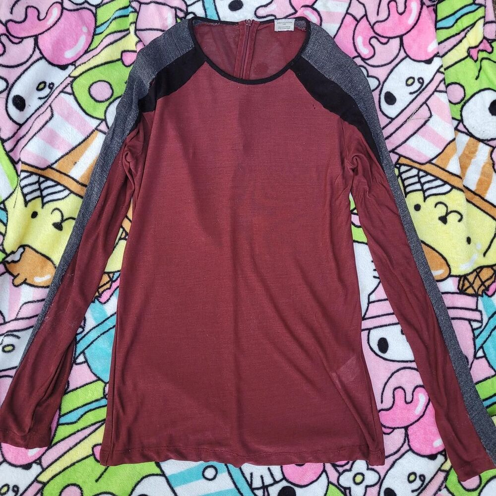 Size Medium Zara Collection Burgundy Two Toned Unique Mesh Layering Preppy Top